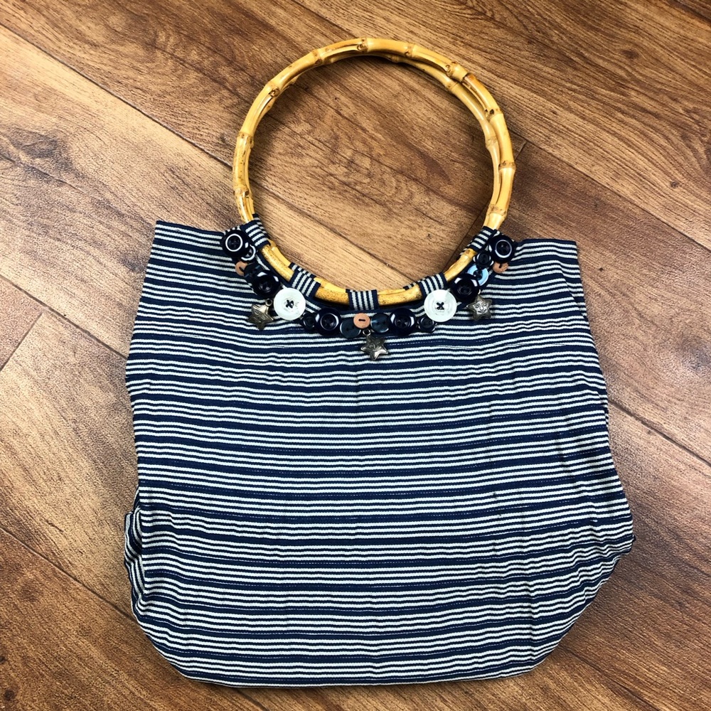 Vtg Old Country Road Blue White Striped Bag Purse Bamboo Handle Buttons *Read